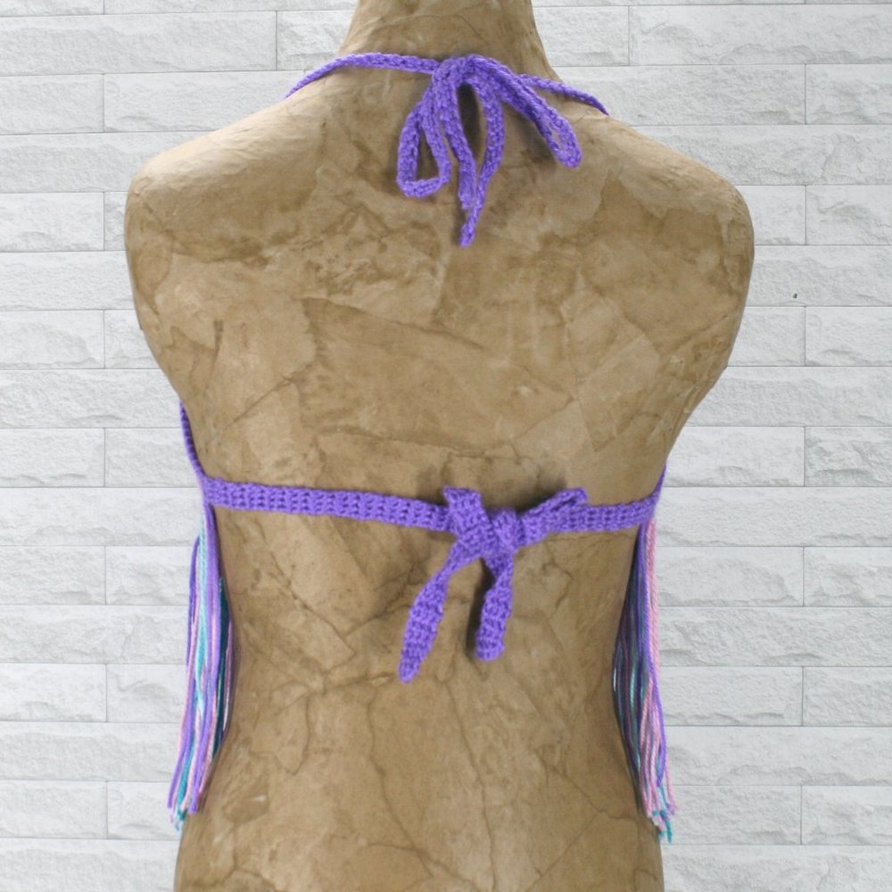 HAND CRAFTED Crop Top Crochet Halter Bikini Fringe Granny Squares Colorful - Picture 5 of 14